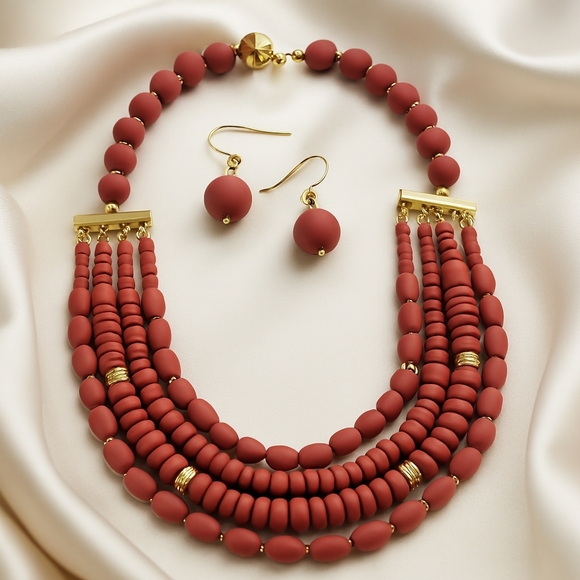 Jewelry - Matte Coral Multi-Strand Necklace & Earrings Set – Gold Beaded Layered Statement